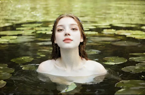 hay una mujer con pintura blanca en la cara en el agua, monia merlo, ninfa en el agua, albi albi, submerged en agua, en un estan...