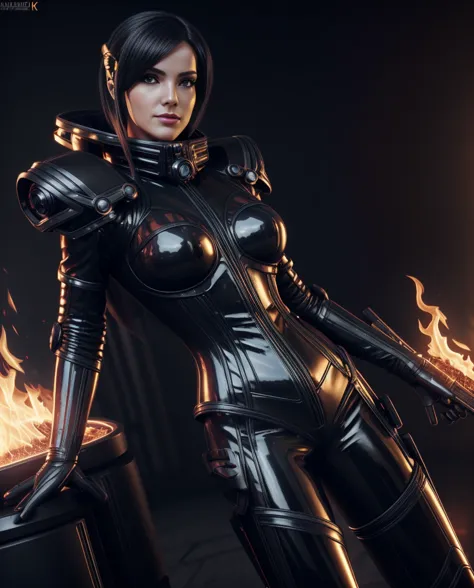 a woman in a black latex outfit with a glowing fire, 3 d render character art 8 k, fantasy style 8 k octane render, cyberpunk ar...