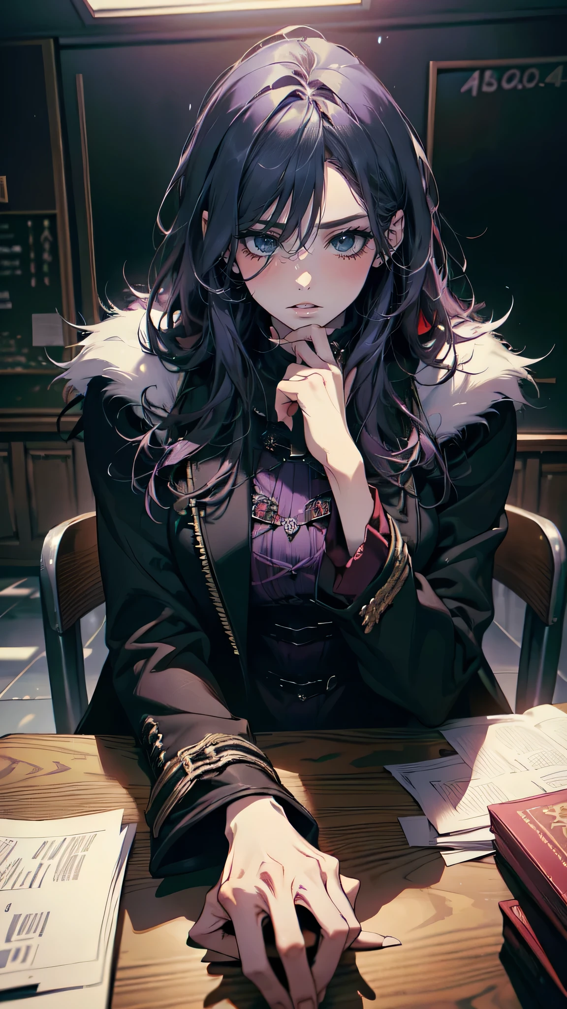 (absurdres, highres, ultra detailed), (masterpiece), the best quality, expressive eyes, perfect face, Night, 1Woman, tall, fit, hourglass figure, Pale purple eyes, pastel purple eyes, black lashes, Long hair, messy hair, spiky hair, layered hair, hair allover the place, dark blue hair, dark academia clothes, long coat, furry coat, (Coat color: Red), Smiling, looking at viewer, mischievous, supernatural, glare, seductive, sitting on a bench, Classroom, empty classroom, university classroom, eerie, blue lighting. dramatic lighting, Semi-realistic, detailed eyes, dimesion face, great composition, close up, portrait, detailed eyes, detailed expressions, 4K,