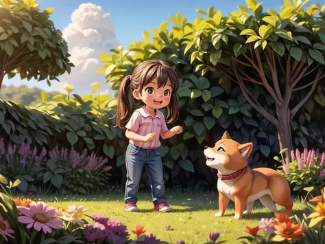 ((A girl playing with a Shiba Inu)) in a colorful garden,illustration,dreamlike colors,HDR,soft lighting
