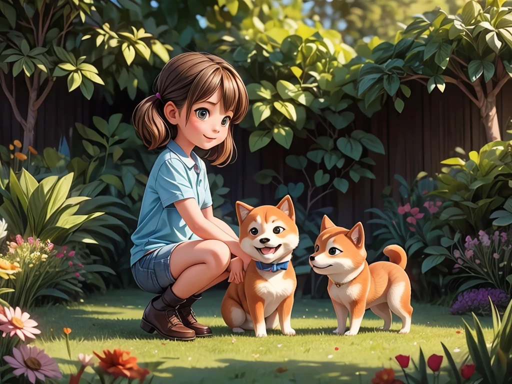 ((A girl playing with a Shiba Inu)) in a colorful garden,illustration,dreamlike colors,HDR,soft lighting