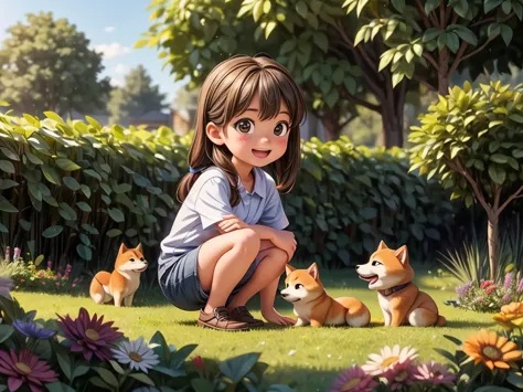 ((A girl playing with a Shiba Inu)) in a colorful garden,illustration,dreamlike colors,HDR,soft lighting