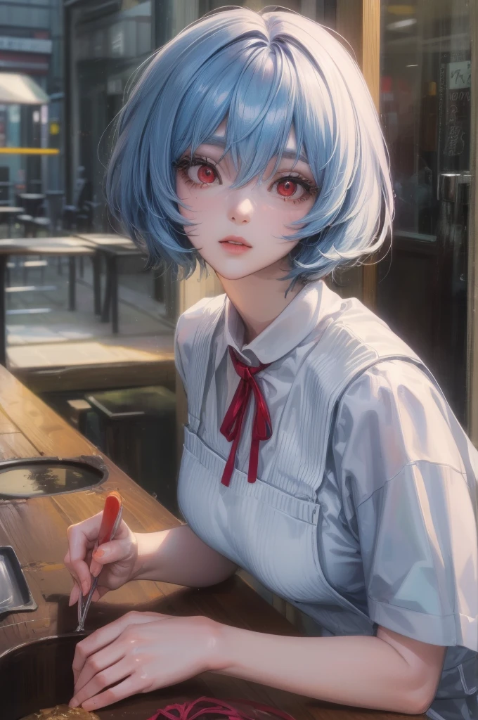 1 GIRL, reiayanami, rei ayanami, blue hair, short hair, (red eyes:1.5), ultra realistic, REALISTIC, Ultra detailed, More detailed, Japan city scenaries, Random scenaries japan, BREAK blue dress, dress, neck ribbon, pinafore dress, red ribbon, ribbon, , short sleeves, short-sleeved sweater, sweater, BREAK outdoors, city, BREAK looking at viewer, BREAK (masterpiece:1.2), best quality, high resolution, unity 8k wallpaper, (illustration:0.8), (beautiful detailed eyes:1.6), extremely detailed face, perfect lighting, extremely detailed CG, (perfect hands, perfect anatomy),