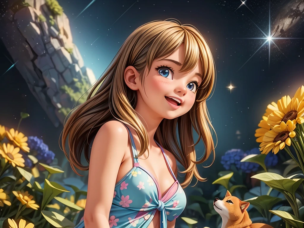 ((A girl and a Shiba Inu swimming in space)), oil painting, vibrant colors, detailed girl with beautiful eyes and lips, realistic lighting, high resolution (4k:1.2), cosmic background, cute space-themed swimsuits for the girl and the Shiba Inu, stars and galaxies, ethereal atmosphere, dreamlike scenery, dynamic pose for the girl, floating hair, glowing neon lights, sparkling water droplets around them, serene expression on the girl's face.