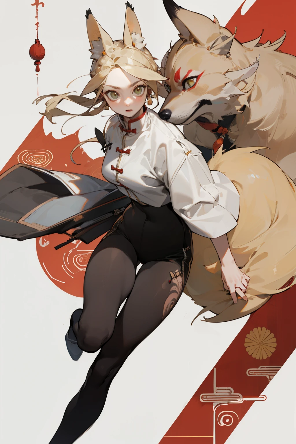 (masterpiece, best quality) detailed, Wearing black tights, silver accessories , The zipper is not closed , bionde ,elegant, (Fox ears)，Red Eyeshadow, ，whole body，Chinese element pattern，thigh，Leaking thigh，White shirt