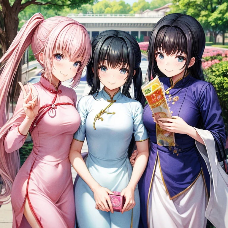 A high school girl wearing an ao dai buying snacks　Tight Ao Dai　highest quality　Ao dai with pink lotus pattern　The waist is quite small　Wearing a non-la