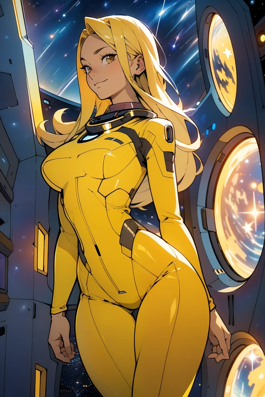 (masterpiece, best quality:1.2), (cowboy shot:1.1), solo, 1girl, mori yuki, slight smile, closed mouth, side view, looking at viewer, blonde hair, long hair, thigh gap, yellow bodysuit, skin-tight, perfect body, large window, (starship porthole:1.3), (spread legs:1.0), (standing:1.1), thigh gap, sensual pose, sideview, perfect hands, bright starship interior, (outer space view:1.1), (orbital view:1.3), (night, stary sky:1.5), milky way