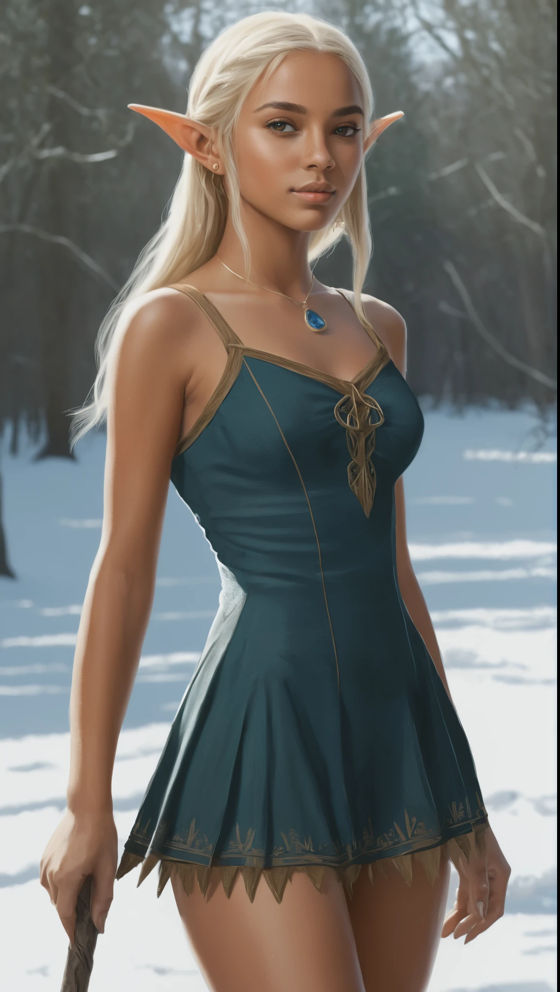 An illustrated movie poster, hand-drawn, full color, a teenage elven girl, wearing a corduroy mini-dress, brown skin, sun-tanned olive complexion, Amazonian body, very tall, athletic, hourglass figure, curvy, generous hips, long legs, ridiculously thick powerful thighs, sapphire eyes, long pointy elf ears, ash blonde hair, short shaggy bob, posing in a snowy meadow, wet glistening skin, hard shadows, graphite shading, stencil marks, airbrushed acrylic paint, masterpiece, in the style of Lord of the Rings