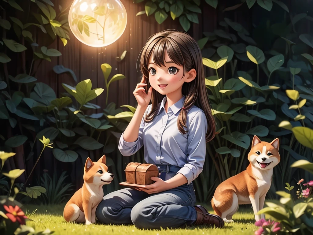 A girl playing with one Shiba Inu in the cosmos ,illustration,dreamlike colors,HDR,soft lighting