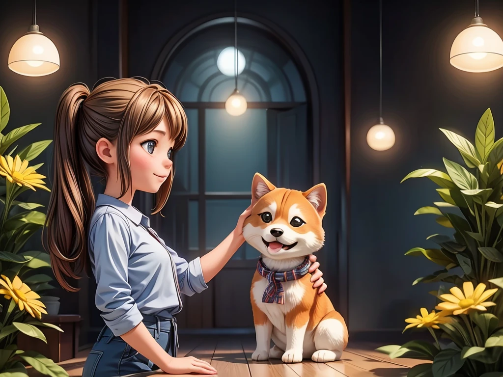 A girl playing with one Shiba Inu in the cosmos ,illustration,dreamlike colors,HDR,soft lighting