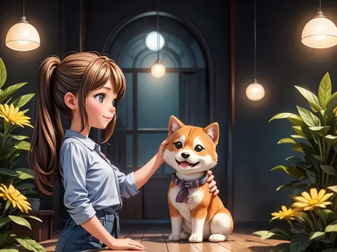 A girl playing with one Shiba Inu in the cosmos ,illustration,dreamlike colors,HDR,soft lighting