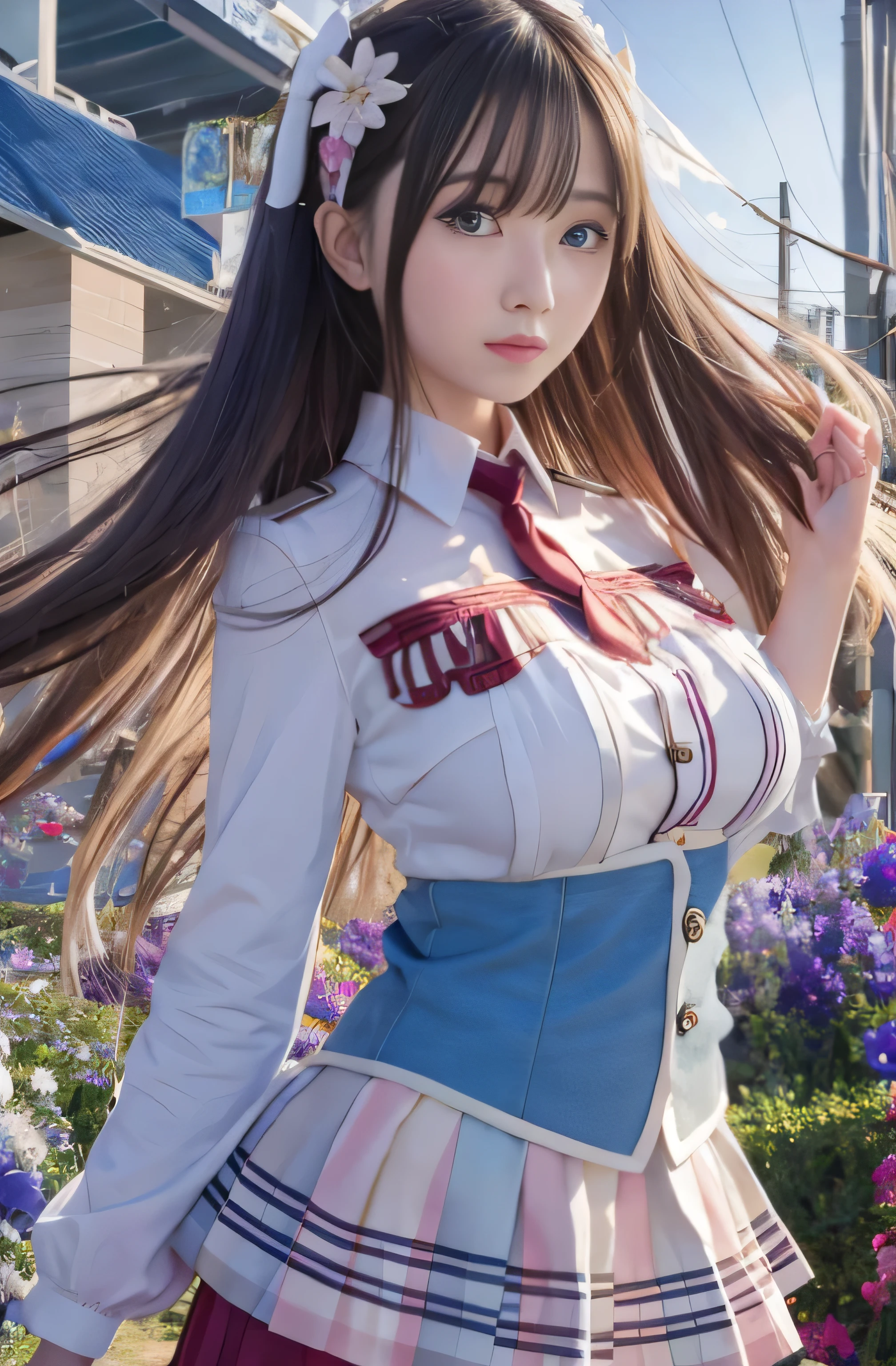 ((Qualité d&#39;image RAW:1.4)), Fille aux cheveux longs et aux yeux bleus, debout devant un fond coloré, uniforme, Gros seins, Les cheveux au vent, Visuels de jolie fille, style artistique moe, Photographie d&#39;art fluide, Hololive, roman visuel, Belle écolière, art éclaboussant , Hanyamata, Portrait, Portrait mignon et réaliste, tout le monde, Oeuvre officielle