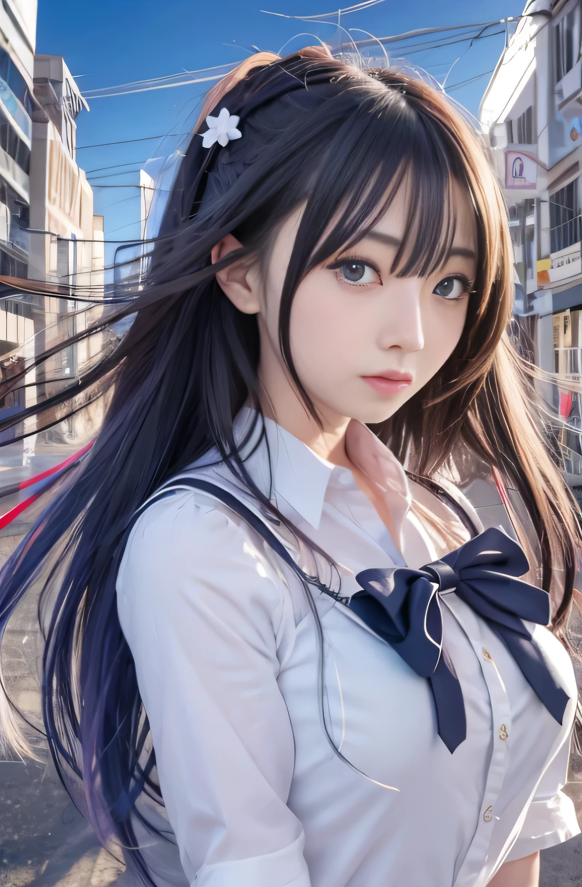 ((RAW Image Quality:1.4)), Girl with long hair and blue eyes standing in front of a colorful background, uniform, Big Breasts, Hair blowing in the wind, Cute girl visuals, Moe art style, Smooth Art Photography, Hololive, Visual novel, Beautiful school girl, Splash Art , hanayamata, Portraiture, Cute and realistic portrait, everyone, Official artwork