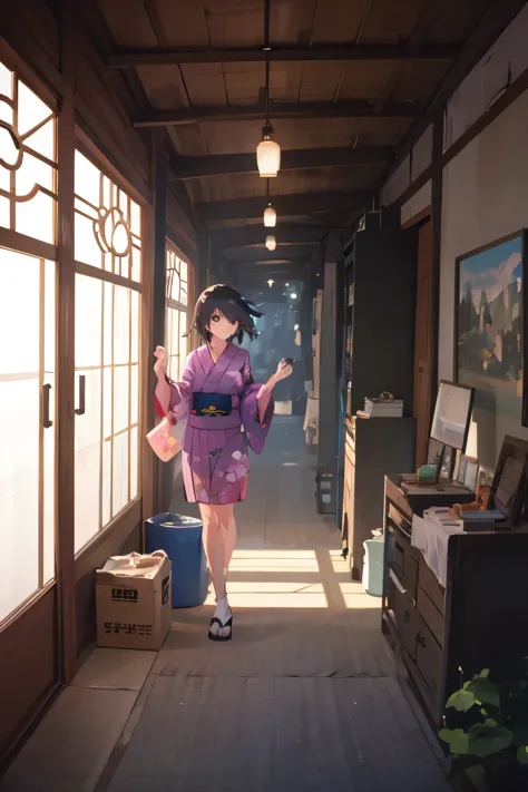 makoto shinkai and studio ghibli, rofi, garota de anime brincando agradavelmente em um lindo riacho em um yukata, casa popular a...