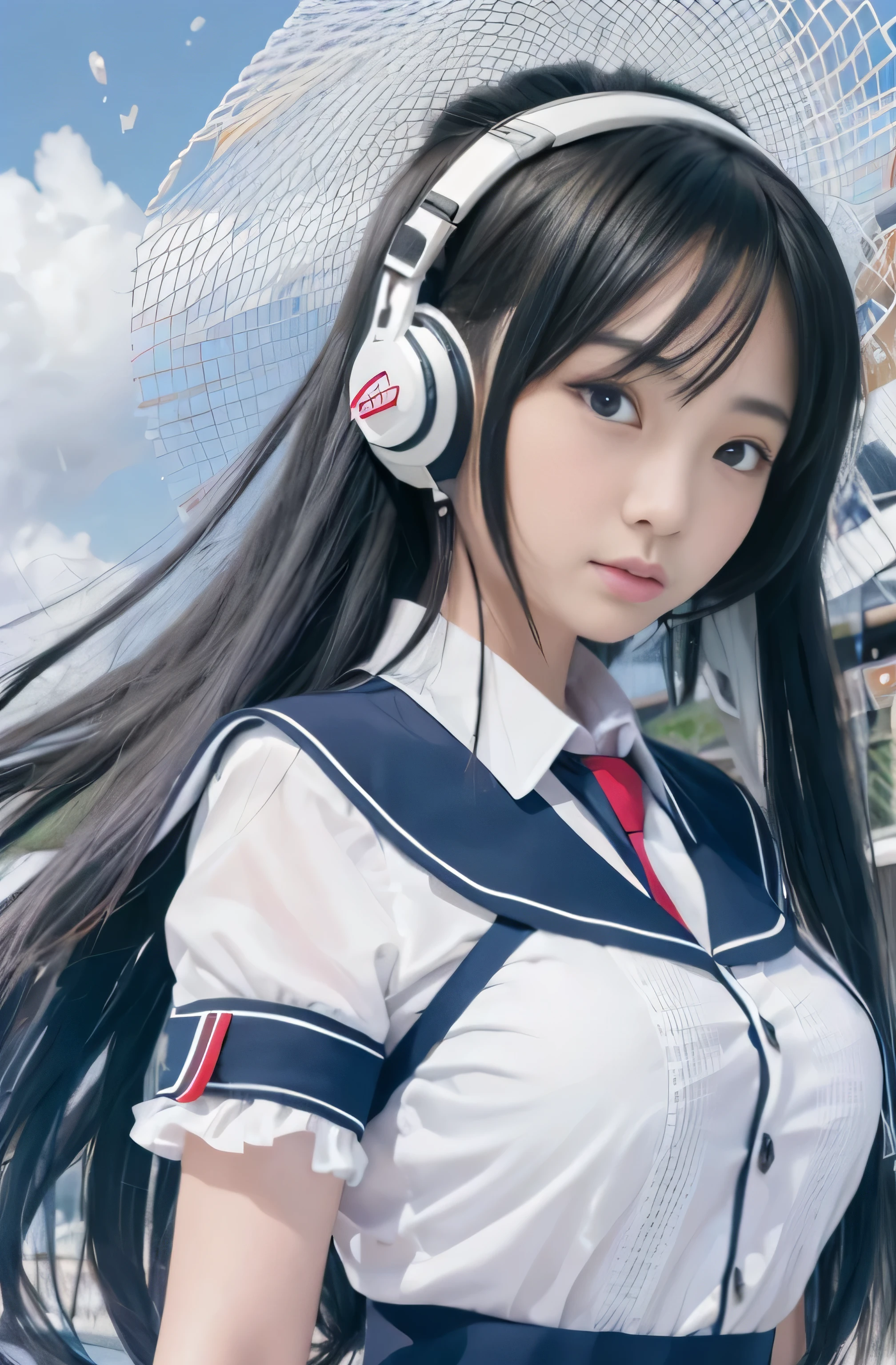 ((RAW Image Quality:1.4)), Girl with long hair and blue eyes standing in front of a colorful background, uniform, White lightweight blouse, Big Breasts, Hair blowing in the wind, Cute girl visuals, Moe art style, Smooth Art Photography, Hololive, Visual novel, Beautiful school girl, headphone, Splash Art , hanayamata, Portraiture, Cute and realistic portrait, everyone, Official artwork