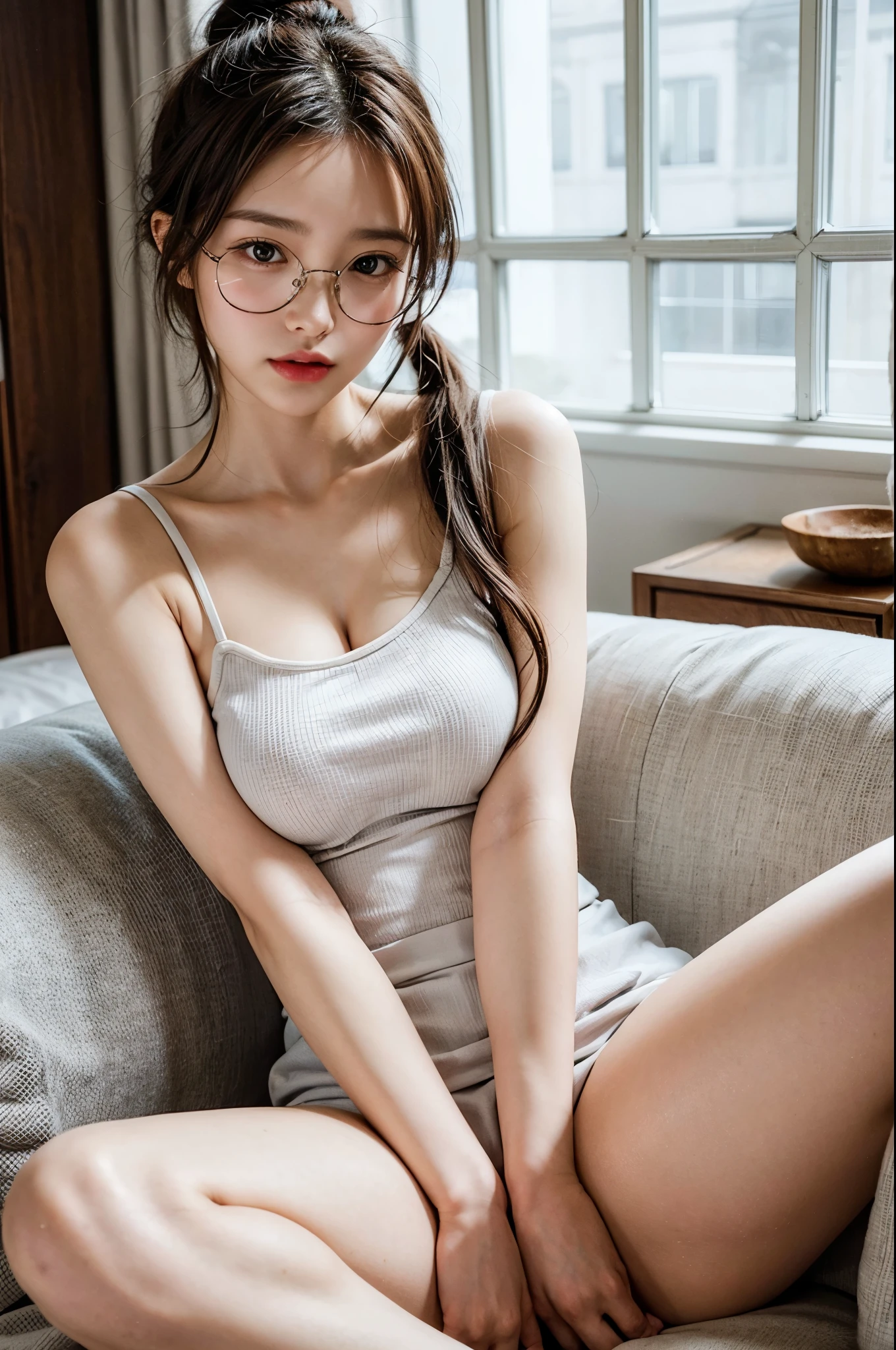 A woman sitting on a couch wearing glasses and a white top - SeaArt AI