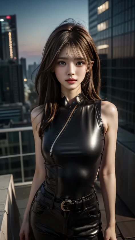 Generate with SFW, Looking up perspective, Are standing:1.21, (1lady:1.3), Japanese, 21 year old supermodel, Cyberpunk Sniper, Slim body, Angry face, Dynamic night scene, (cyberpunk night view:1.21), (Standing on the empty rooftop of a skyscraper:1.37), ((...