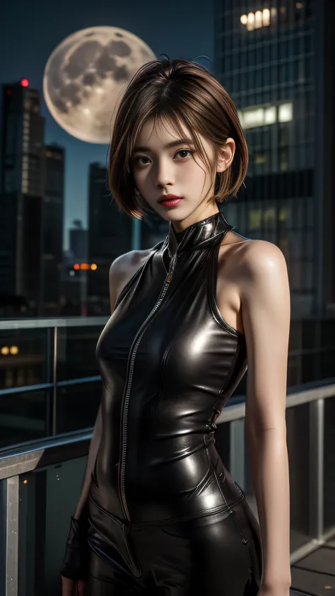 Generate with SFW, Looking up perspective, Are standing:1.21, (1lady:1.3), Japanese, 21 year old supermodel, Cyberpunk Sniper, Slim body, Angry face, Dynamic night scene, (cyberpunk night view:1.21), (Standing on the empty rooftop of a skyscraper:1.37), ((...