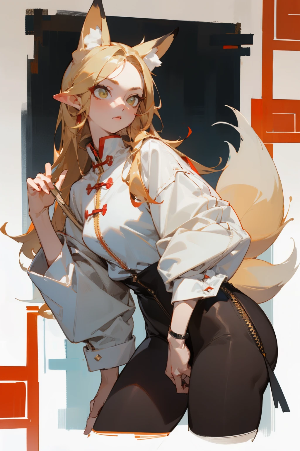 (masterpiece, best quality) detailed, Wearing black tights, silver accessories , The zipper is not closed , bionde ,elegant, (Fox ears)，Red Eyeshadow, ，Chinese element pattern，thigh，Leaking thigh，White shirt