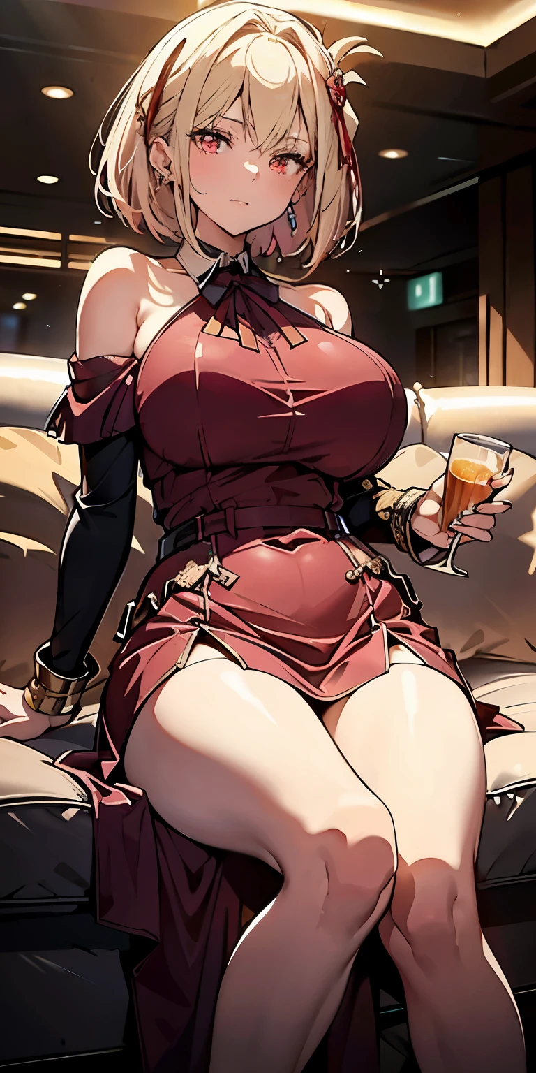 Anime girl sitting on a couch with a glass of wine - SeaArt AI