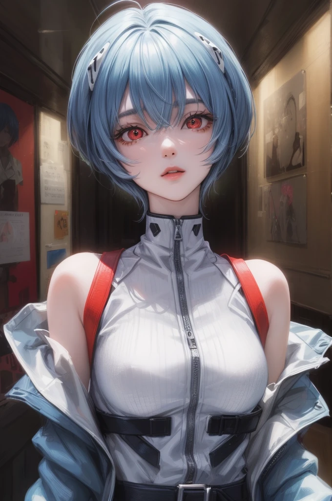 1 GIRL, reiayanami, rei ayanami, blue hair, short hair, (red eyes:1.5), ultra realistic, REALISTIC, Ultra detailed, More detailed, Japan city scenaries. Random scenaries japan, Casual Outfit, BREAK outdoors, city, BREAK looking at viewer, BREAK (masterpiece:1.2), best quality, high resolution, unity 8k wallpaper, Light particles passing through the photo, (illustration:0.8), (beautiful detailed eyes:1.6), extremely detailed face, perfect lighting, extremely detailed CG, (perfect hands, perfect anatomy),