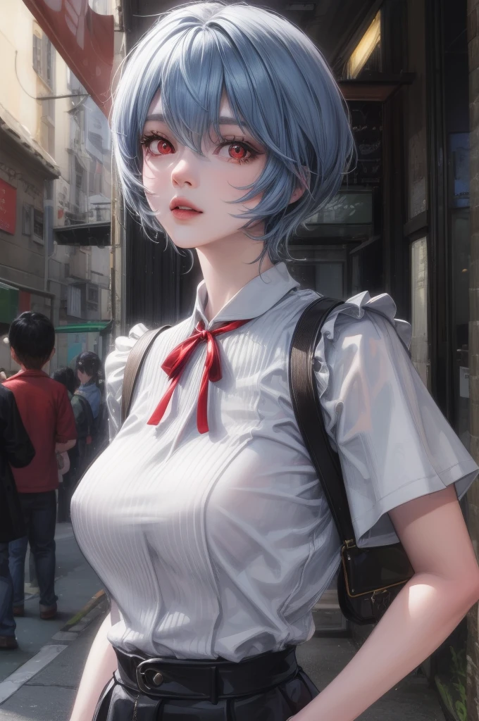 女の子1人, レイヤナミ, Rei Ayanami, 青い髪, ショートヘア, (赤い目:1.5), 超リアル, 現実的, 超詳細, より詳細な, Japan 市 scenaries, ランダムな風景 日本, 壊す blue ドレス, ドレス, neck リボン, pinafore ドレス, red リボン, リボン, , 半袖, short-sleeved セーター, セーター, 壊す outdoors, 市, 壊す looking at viewer, 壊す (傑作:1.2), 最高品質, 高解像度, ユニティ 8k 壁紙, (図:0.8), (美しい細部までこだわった目:1.6), 非常に詳細な顔, 完璧な照明, 非常に詳細なCG, (完璧な手, 完璧な解剖学),