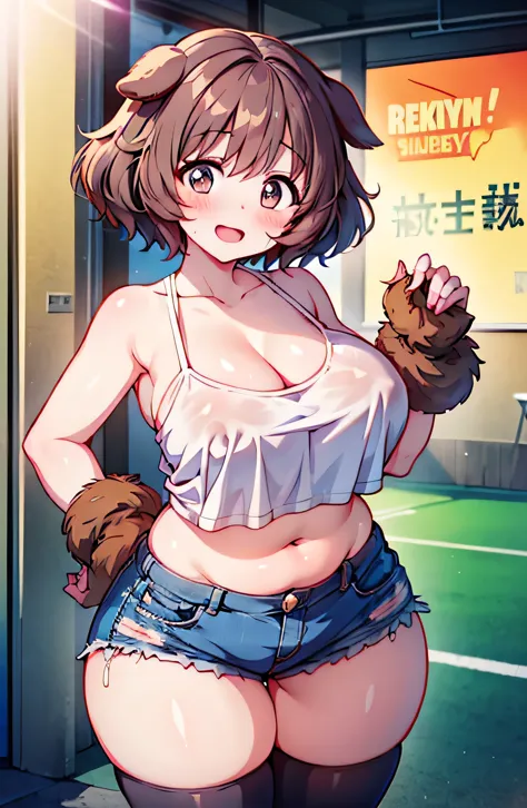Anime illustration、highest quality、A short and plump high school girl、first round、Sporty tube top、hot pants、Dog park、Perfect proportions、overwhelmingly big breasts、Beautiful, shining eyes、Blushed、smile、Cowboy Shot、Dangerous Beast