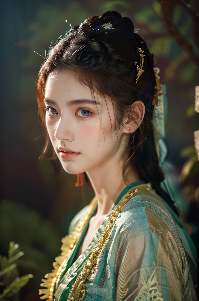 ( masterpiece, top quality, best quality,8k,17 years old girl,ultra detailed,raw photo:1.5),(photorealistic:1.4),(cinematic lighting), PerfectNwsjMajic, , Surrealism, UHD, ccurate, Super detail, textured skin, High detail, Best quality, dynamic angle, (high nose,White skin),[Beautiful blue eyes],(1girl),(good anatomy:0.5)), dunhuang_style, Dreamy atmosphere,expressive brush strokes, mystical ambiance, Artistic interpretation, a whimsical illustration, Subtle colors and tones,