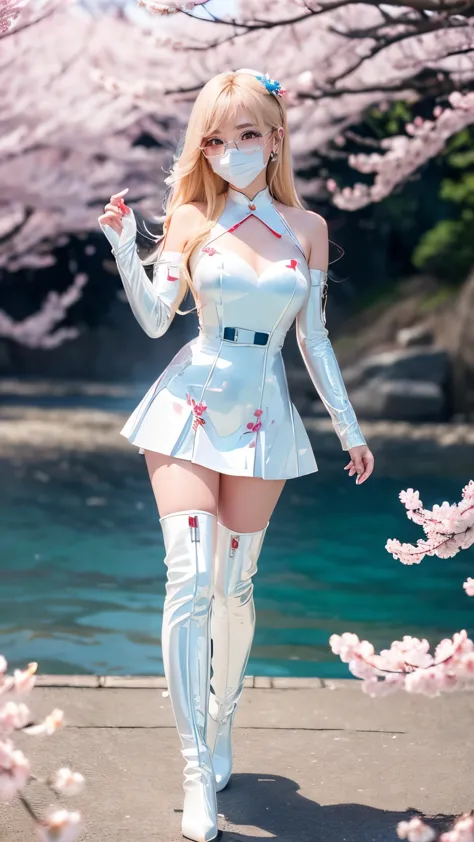 Taiwanese idol girl　Blonde with bangs　((Rimless glasses))　Large Breasts　Big eyes　((White Face Mask))　((Sunset, the sea and lots ...
