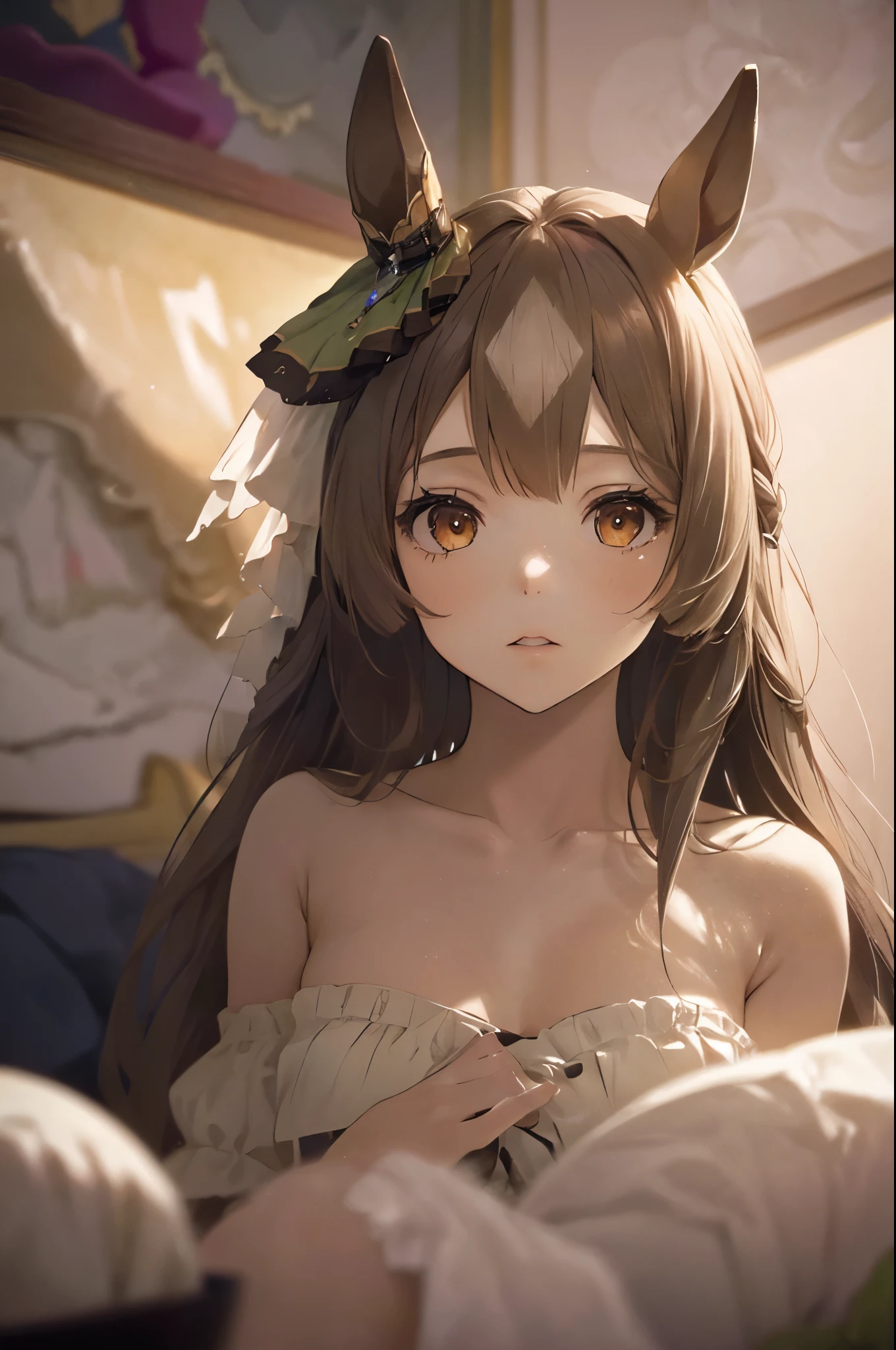 The whole body is visible,satono diamond,umamusume、wearing nothing,((Small Bust)),(highest quality、4k、8k、High Resolution、masterpiece:1.2)、Super detailed、(Photorealistic:1.37)、Portrait、Sharp Focus、feminine、delicate、White skin、Subtle curves、Gentle expression、Soft lighting、Bright colors、Artistic atmosphere