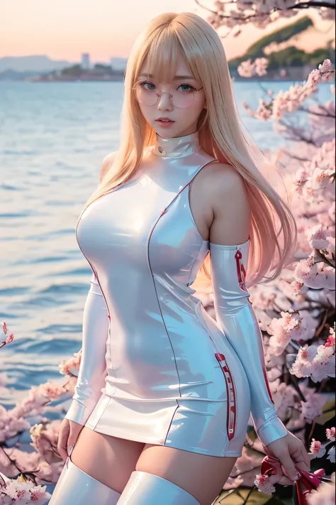 Taiwanese idol girl　Blonde with bangs　((Rimless glasses))　Large Breasts　Big eyes　((Sunset, the sea and lots of cherry blossoms))...