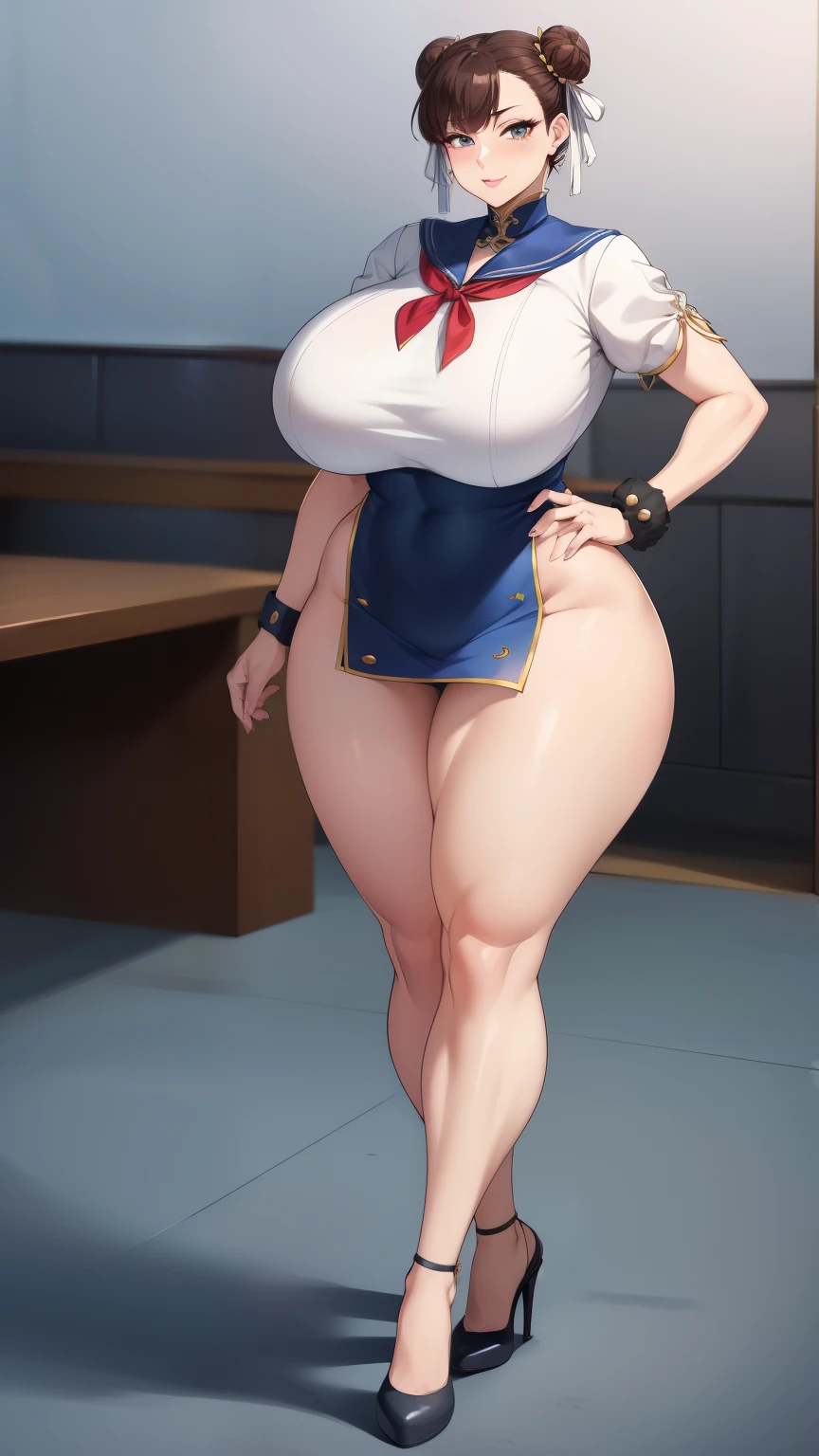 Big Breasts, Big Hips, Full Body Shot, Mature mother, Voluptuous thighs, A cow, Seductive mature woman, Perfect body, Plus Size Model, Sailor suit, Wearing high heels,Miniskirt Uniform, Chunli,