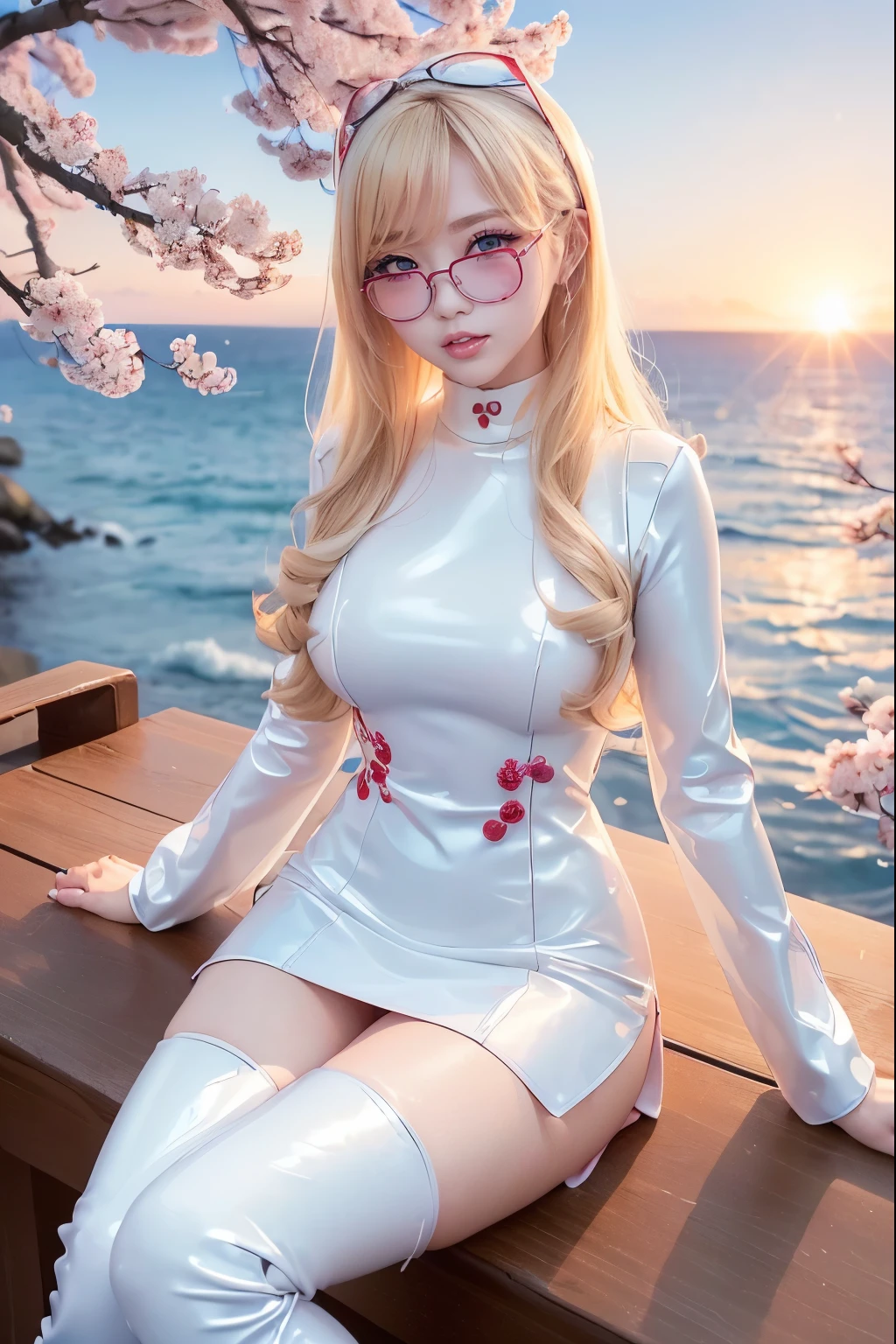 Taiwanese idol girl　Blonde with bangs　((Rimless glasses))　Large Breasts　Big eyes　((White Face Mask))　((Sunset, the sea and lots of cherry blossoms))　((Racing team bodycon dress made from ultra-glossy white and blue patent leather with sponsor lettering.))　((Enamel Knee High Boots))　8K　glamorous　Soft lighting　Sweat　((A large amount of falling cherry blossom petals))　Wind