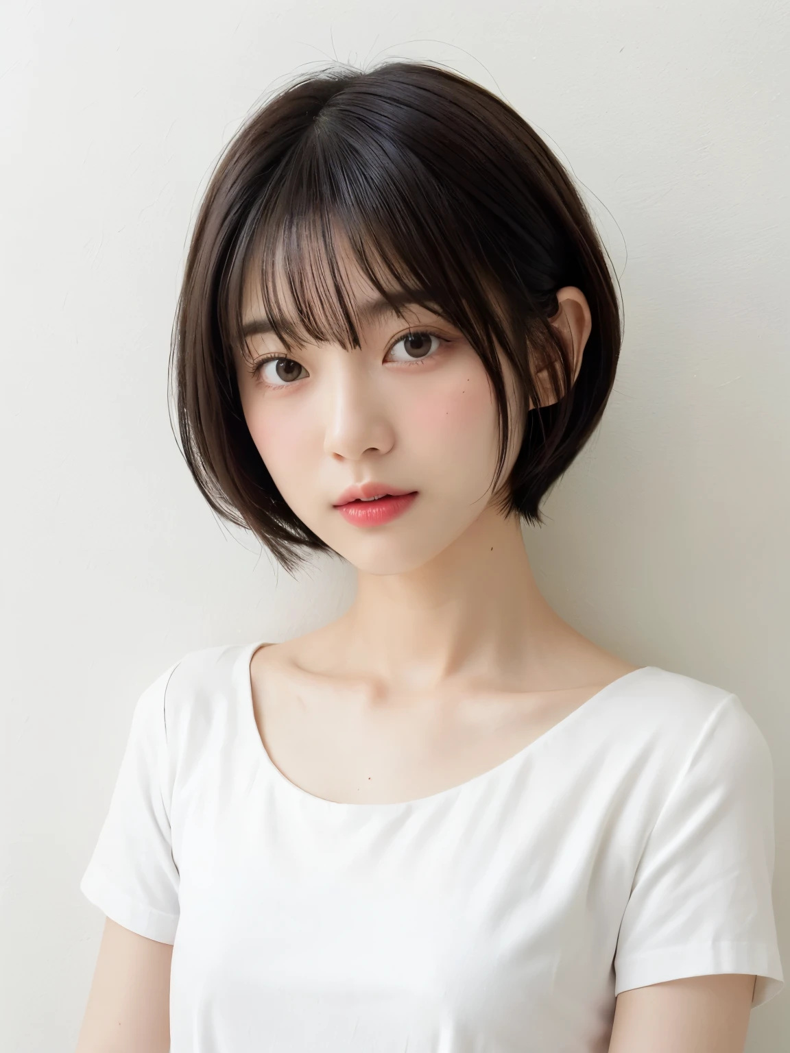 Stylish spring clothes、Silky hair、Japanese woman in her 40s、(White wall as background、Short-sleeved tops:1.4)、White wall、Taken in front of a white door、(A room with a white wall and a window)、((highest quality、8k、masterpiece:1.3))、Ultra-high resolution、(photoGenuineistic:1.4)、RAW Photos、Japanese,(Detailed aspect)、Genuine、Photographed in natural light、Highly detailed face and skin texture、Highly detailed lips、The correct state of the human body、Short Hair、Black Hair、Various poses、short hair、Shortcuts、Natural color lip、Pixie Cut、Very Short Hair