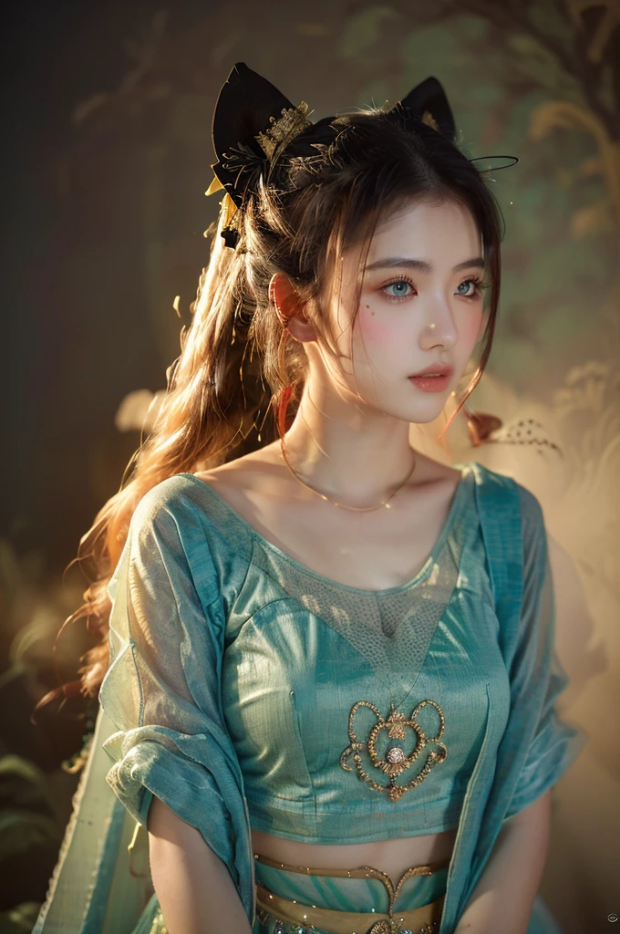 ( masterpiece, top quality, best quality,8k,17 years old girl,ultra detailed,raw photo:1.5),(photorealistic:1.4),(cinematic lighting), PerfectNwsjMajic, , Surrealism, UHD, ccurate, Super detail, textured skin, High detail, Best quality, dynamic angle, (high nose,White skin),[Beautiful blue eyes],(1girl),(good anatomy:0.5)), dunhuang_style, Dreamy atmosphere,expressive brush strokes, mystical ambiance, Artistic interpretation, a whimsical illustration, Subtle colors and tones, straight face