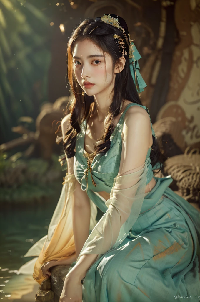 ( masterpiece, top quality, best quality,8k,17 years old girl,ultra detailed,raw photo:1.5),(photorealistic:1.4),(cinematic lighting), PerfectNwsjMajic, , Surrealism, UHD, ccurate, Super detail, textured skin, High detail, Best quality, dynamic angle, (high nose,White skin),[Beautiful blue eyes],(1girl),(good anatomy:0.5)), dunhuang_style, Dreamy atmosphere,expressive brush strokes, mystical ambiance, Artistic interpretation, a whimsical illustration, Subtle colors and tones, straight face