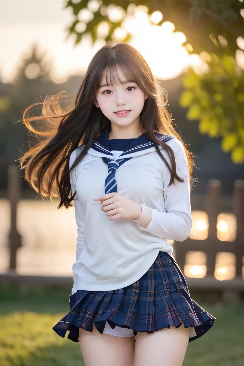 (((masterpiece))), (Beautiful Japanese Girl, Classmate, Innocence，cute) ，超A high resolution, Realistic, Ultra-detailed, 8k,highest quality, Very detailed,Slender figure,とてもBeautiful Japanese Girl, (Detailed face:1.3), (Beautiful Long Hair，Black-haired :1.4), (Baby Face，cute系,Adorable), (Perfect body:1.1),85mm,Official AR RAW Photos, Show me your ears，photo shoot, Looking at the audience, smile、No makeup, Rosy Cheeks，Film Grain, chromatic aberration, Sharp focus, Face Light, Bright lighting, ((((((14-year-old junior high school student))))))、Slender figure，(A proper sailor uniform、Navy Blue Skirt)、(((White panties，Beautiful thighs)))，show me your beautiful teeth,非常にDetailed face、Detailed lips、Detailed eyes、Junior Gravure Idol，Clear Skin，Japanese high  with school emblem on the chest，Crouching
