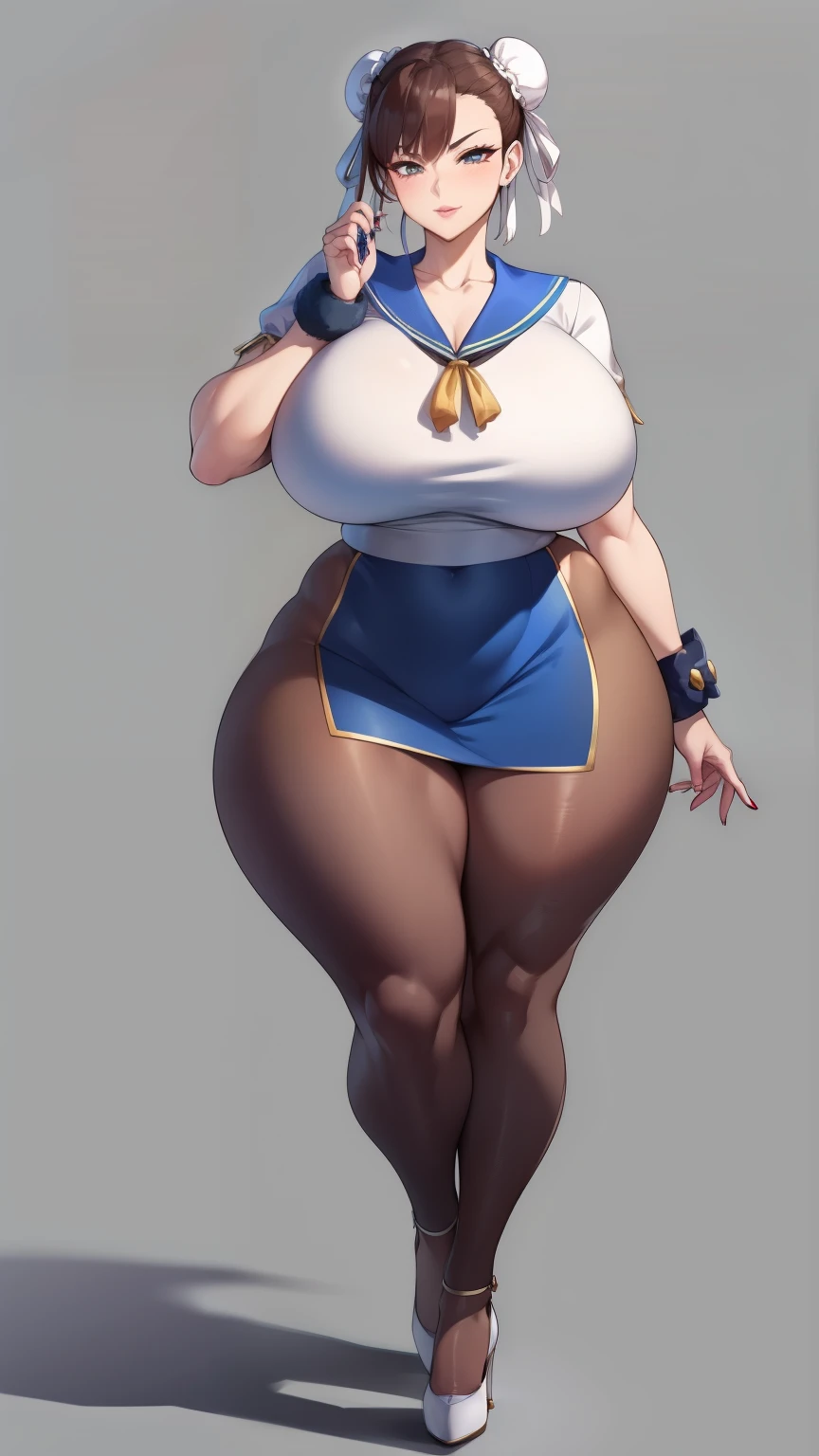 Big Breasts, Big Hips, Full Body Shot, Mature mother, Voluptuous thighs, A cow, Seductive mature woman, Perfect body, Plus Size Model, Sailor suit, Wearing high heels,Miniskirt Uniform, Chunli,