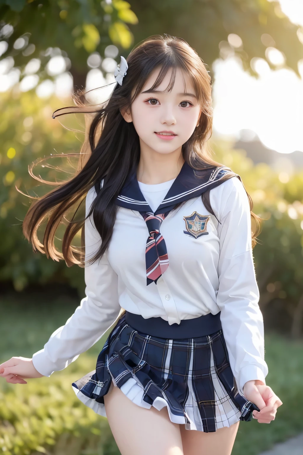 (((masterpiece))), (Beautiful Japanese Girl, Classmate, Innocence，cute) ，超A high resolution, Realistic, Ultra-detailed, 8k,highest quality, Very detailed,Slender figure,とてもBeautiful Japanese Girl, (Detailed face:1.3), (Beautiful Long Hair，Black-haired :1.4), (Baby Face，cute系,Adorable), (Perfect body:1.1),85mm,Official AR RAW Photos, Show me your ears，photo shoot, Looking at the audience, smile、No makeup, Rosy Cheeks，Film Grain, chromatic aberration, Sharp focus, Face Light, Bright lighting, ((((((14-year-old junior high school student))))))、Slender figure，(A proper sailor uniform、Navy Blue Skirt)、(((White panties，Beautiful thighs)))，show me your beautiful teeth,非常にDetailed face、Detailed lips、Detailed eyes、Junior Gravure Idol，Clear Skin，Japanese high  with school emblem on the chest，Crouching