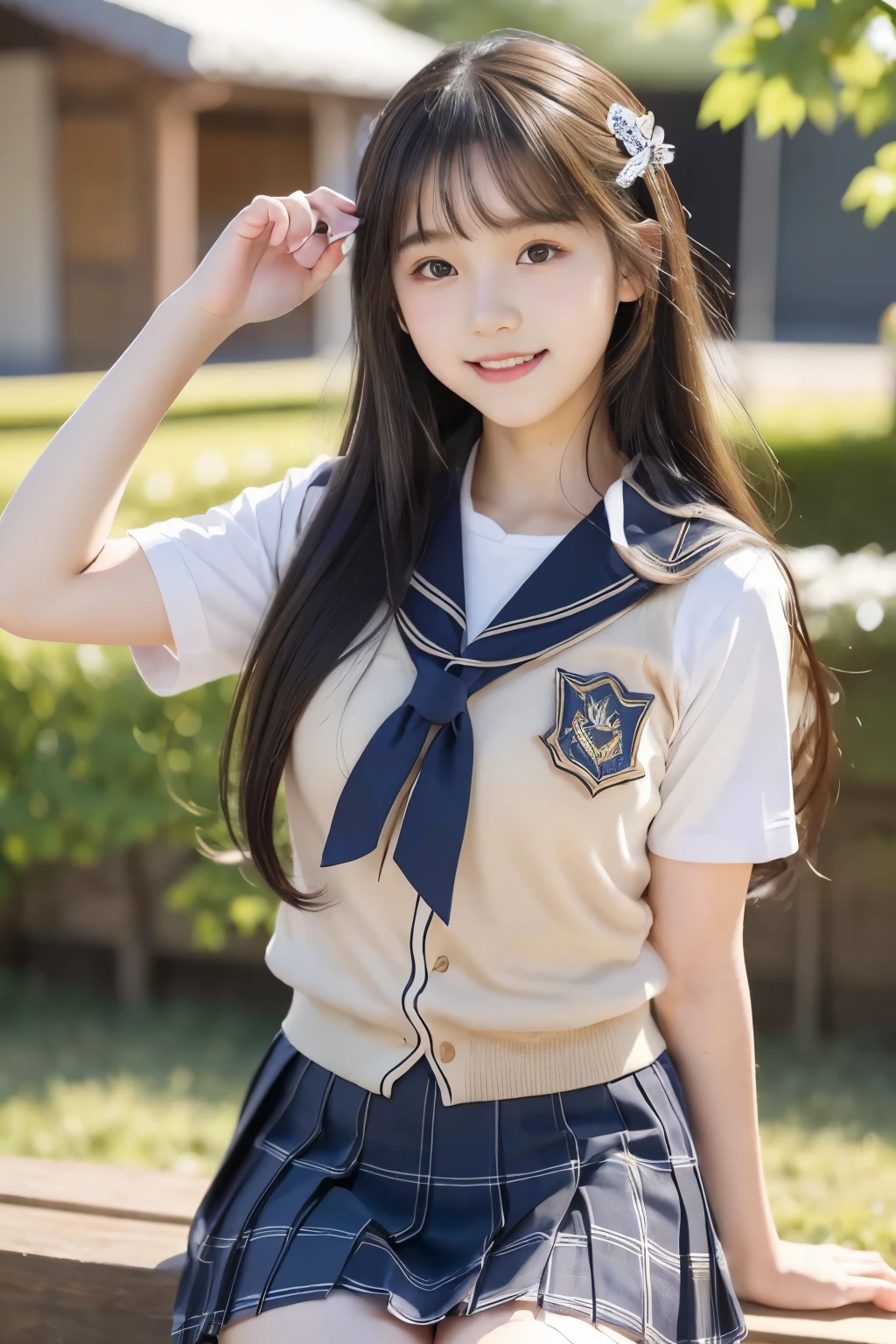 (((masterpiece))), (Beautiful Japanese Girl, Classmate, Innocence，cute) ，超A high resolution, Realistic, Ultra-detailed, 8k,highest quality, Very detailed,Slender figure,とてもBeautiful Japanese Girl, (Detailed face:1.3), (Beautiful Long Hair，Black-haired :1.4), (Baby Face，cute系,Adorable), (Perfect body:1.1),85mm,Official AR RAW Photos, Show me your ears，photo shoot, Looking at the audience, smile、No makeup, Rosy Cheeks，Film Grain, chromatic aberration, Sharp focus, Face Light, Bright lighting, ((((((14-year-old junior high school student))))))、Slender figure，(A proper sailor uniform、Navy Blue Skirt)、(((White panties，Beautiful thighs)))，show me your beautiful teeth,非常にDetailed face、Detailed lips、Detailed eyes、Junior Gravure Idol，Clear Skin，Japanese high  with school emblem on the chest，Crouching