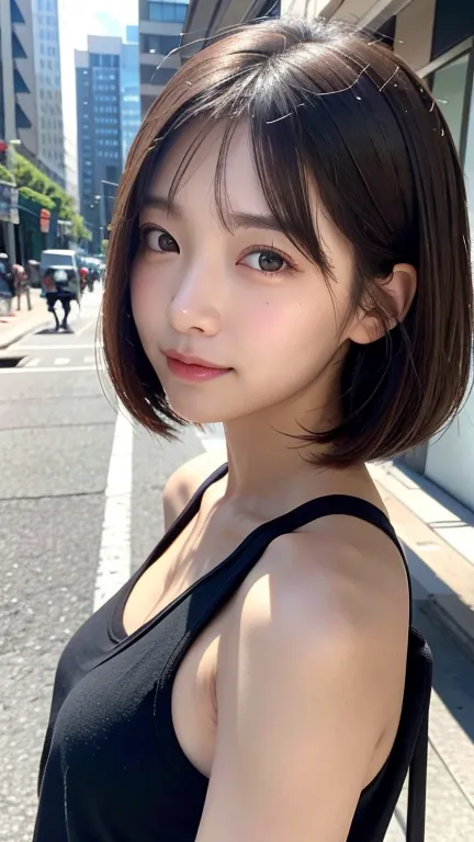 (((Shoulder length brown straight short bob)))、(((Her background is in downtown Hawaii..、Pose like a model at the hair salon.)))...