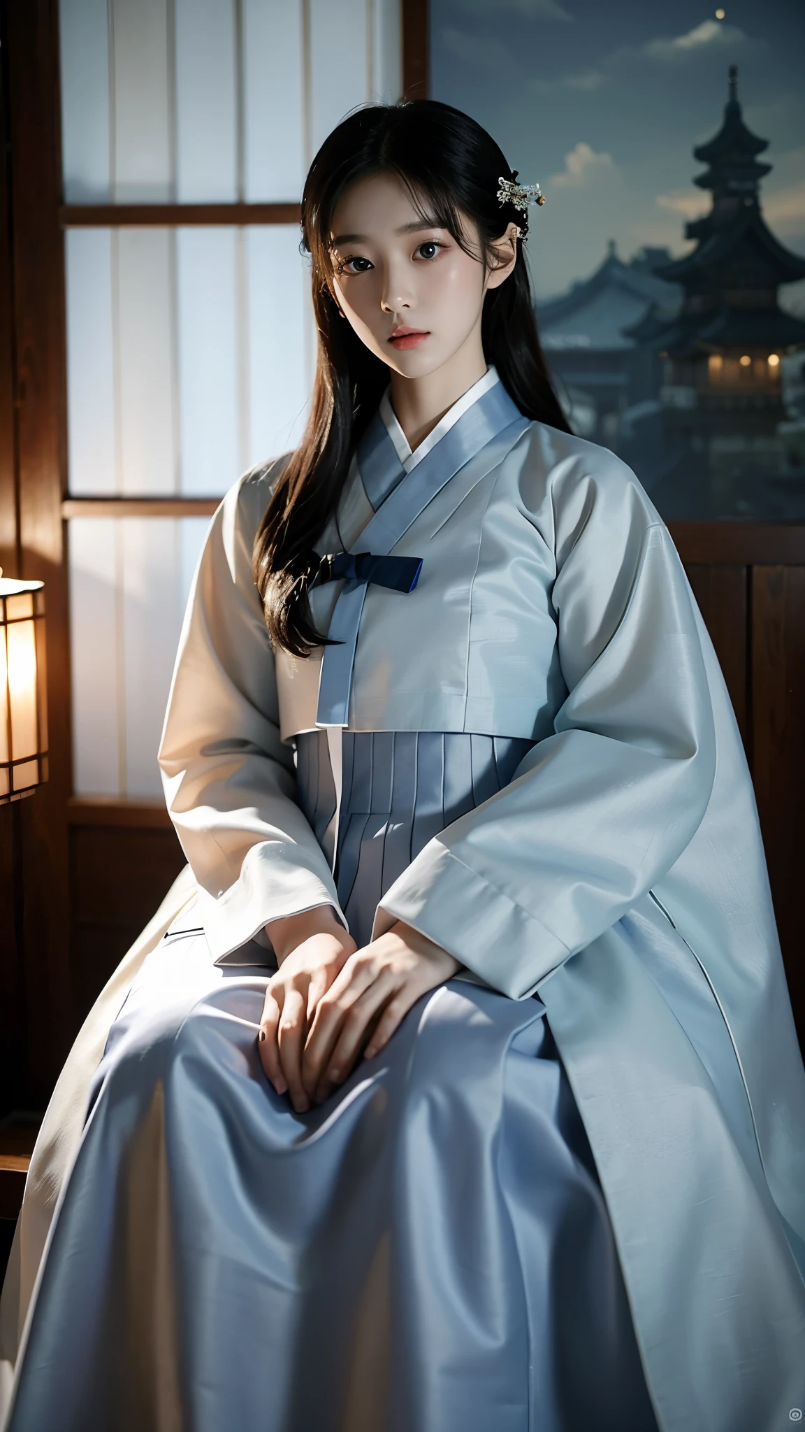 ((top quality, 8 thousand, masterpiece:1.3)), 18 year old girl from Korea, 처녀ghost, white hanbok, dark night, pale skin, Movie-like lighting, pale skin, blue skin, very long nails, ghost