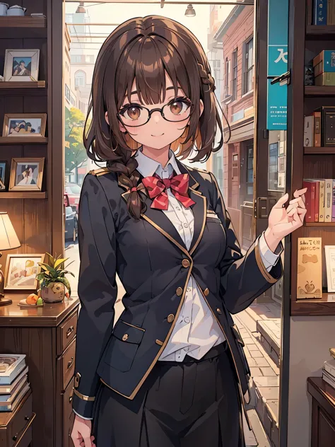 1 Female、Brown hair、Brown Eyes、Best Quality、Super detailed、8 Resolution、Raw photo、Mastepiece、Perfect Body、high resolution、highest quality、Detailed drawing、Vibrant colors、lure、smile、Braid、Black-rimmed glasses、Captivating breasts、Blazer uniform、chool