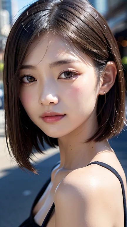 (((Shoulder length brown straight short bob)))、(((Her background is in downtown Hawaii..、Pose like a model at the hair salon.)))...