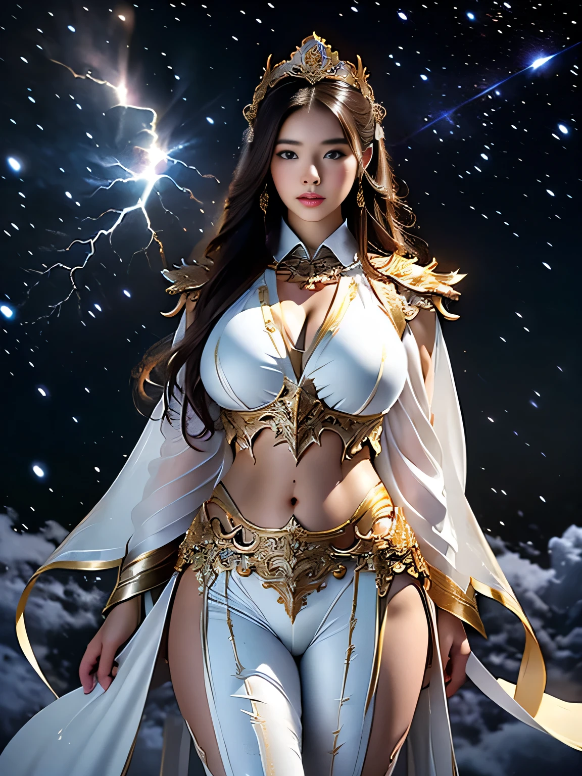 (Masterpiece, Top Quality, Top Quality, Official Art, Beautiful and Aesthetic: 1.2), Real, RAW, (Photorealistic Stick: 1.2), Sharp Focus, 1girl, Dynamic Angle, Moon, ((Pichi Female Warrior God Costume)) , ((See-Through Female Warrior Costume)), UHD, 35mm, RTX On, Masterpiece, 135mm IMAX, Moon Goddess, (Succubus), Cleavage, Happiness, Goddess Artemis, ((Accurate Anatomy)), (( 7 Head and well-proportioned body)), ((Uneven skin)), ((Huge breasts) ), Straight long brown hair, camel toes, Compensation, Details, GdClth, Depending on the magic circle , brown hair, brown even eyes, ((voluptuous, sexy, erotic)), ((beautiful face, detailed face, perfect proportions, huge breasts, thin waist, navel, crotch gap, thighs)), ((dynamic) pose)), ((white collar)), (clouds), (mist), (fog), (rays), (((lightning))), ((fascinating)), ((sexy)), ( (Star)), ((Milky Way)), ((Glow effect)), (Casual hairstyle), (Dynamic pose), (Dynamic angle),