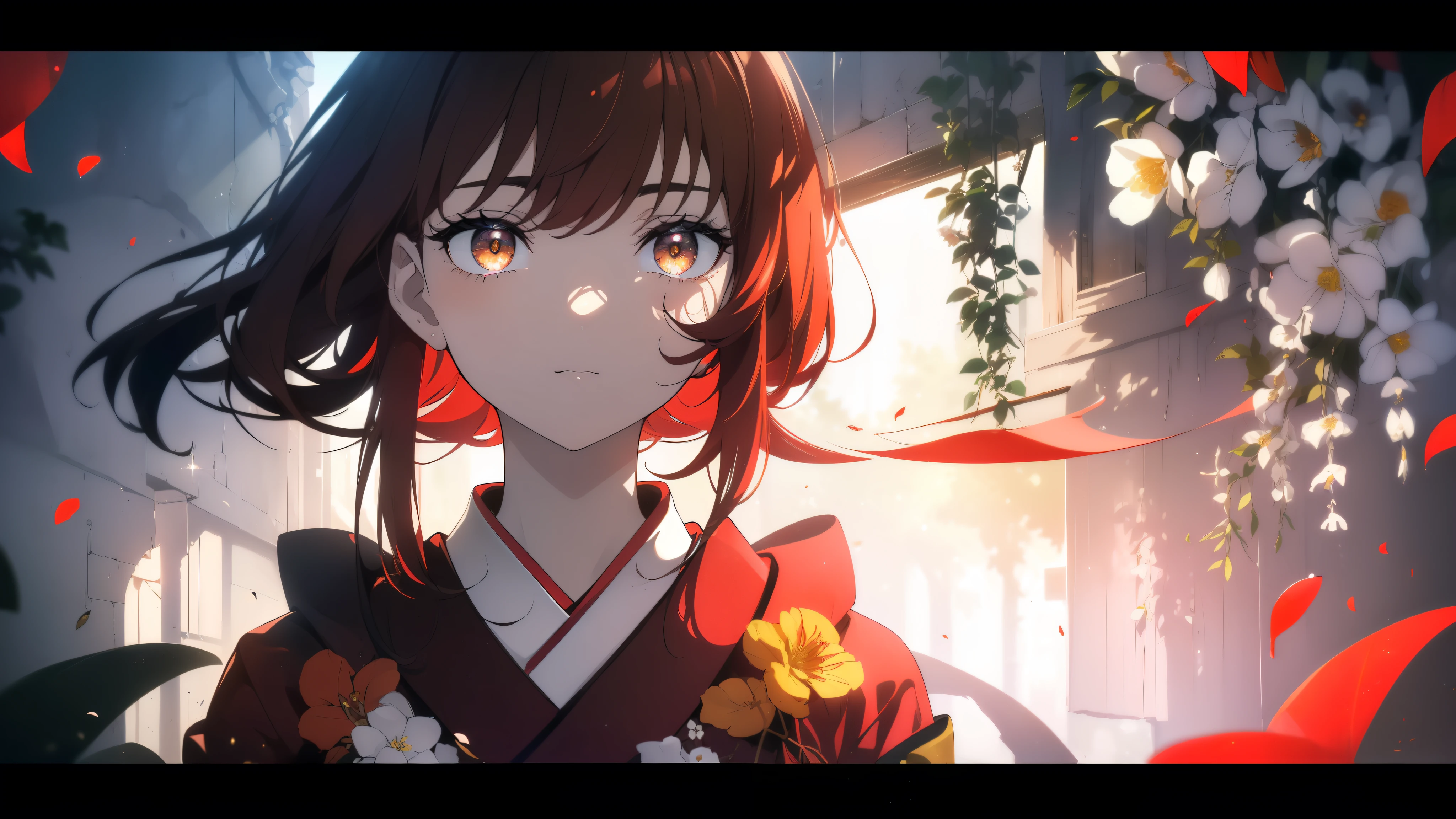 Anime girl with red hair and blue eyes in a red kimono - SeaArt AI