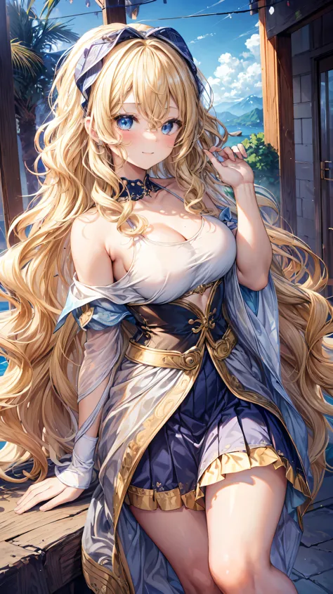 Very detailed、highest quality、Best image quality、masterpiece、8k、Anime Face、A kind smile、Open your mouth、Sparkling blue eyes、(Blonde wavy hair:1.5)、、Muscles of the whole body、Hands on hipini skirt、camisole
