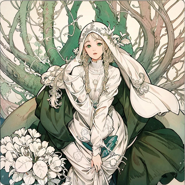 All pure white、White world、A pure white plant that lacks chlorophyll、A beautiful woman lost in a land of white plants、Surrounded by a forest of fantastic white plants、Beautiful woman is an adventurer、Only the eyes are green