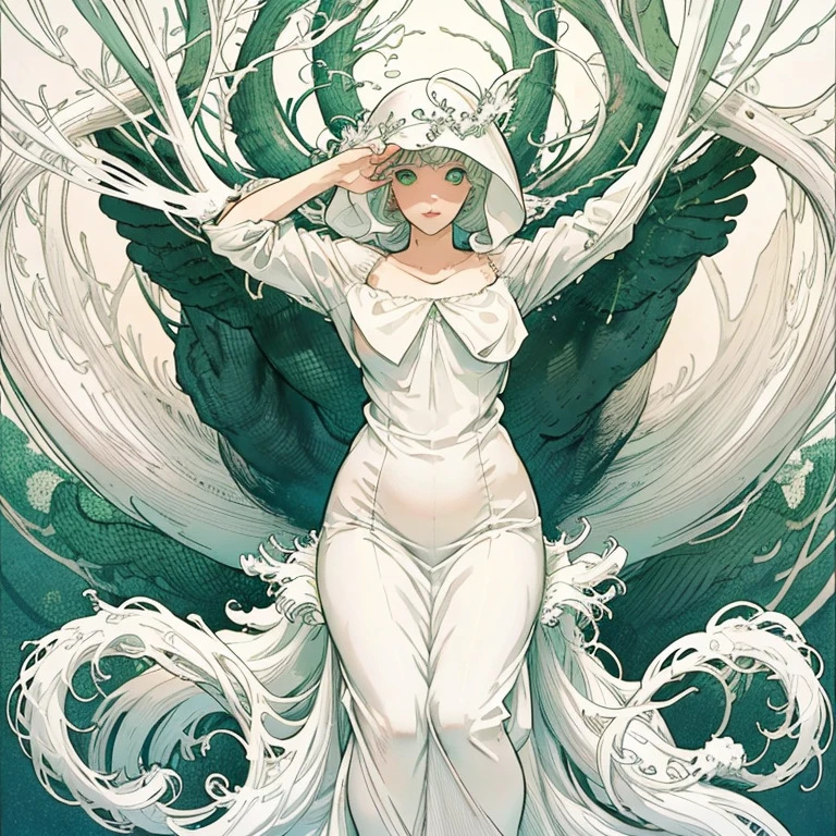 All pure white、White world、A pure white plant that lacks chlorophyll、A beautiful woman lost in a land of white plants、Surrounded by a forest of fantastic white plants、Beautiful woman is an adventurer、Only the eyes are green