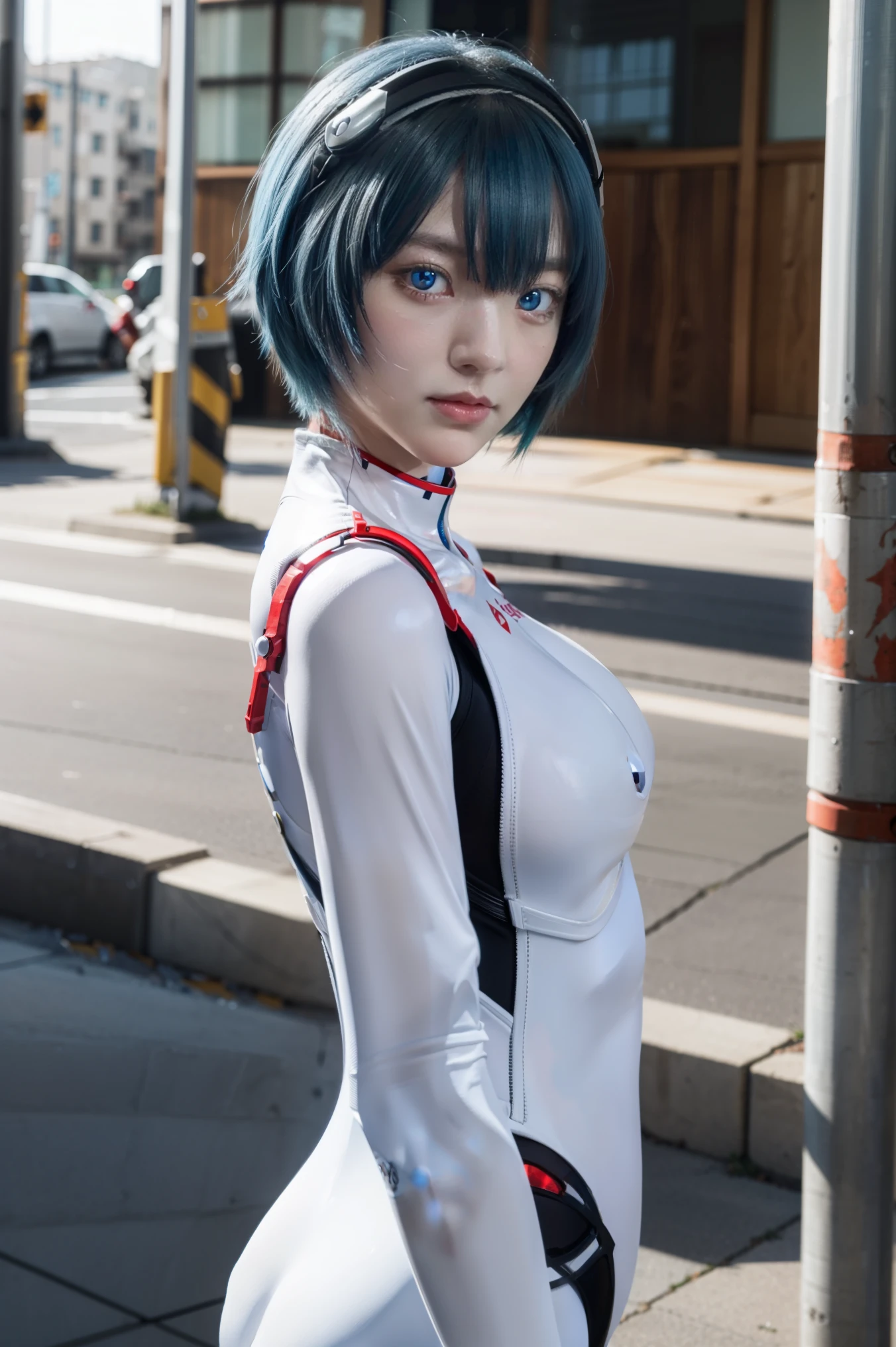 reiayanami, rei ayanami, blue hair, short hair, (red eyes:1.5),
BREAK bodysuit, headgear, plugsuit, white bodysuit,  full body suit
BREAK outdoors, city,
BREAK looking at viewer, 
BREAK (masterpiece:1.2), best quality, high resolution, unity 8k wallpaper, (illustration:0.8), (beautiful detailed eyes:1.6), extremely detailed face, perfect lighting, extremely detailed CG, (perfect hands, perfect anatomy),